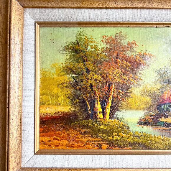 Vintage 10x8in River Bank Forest Still Life Oil Painting Wood Gold Frame Sunset - Picture 2 of 10